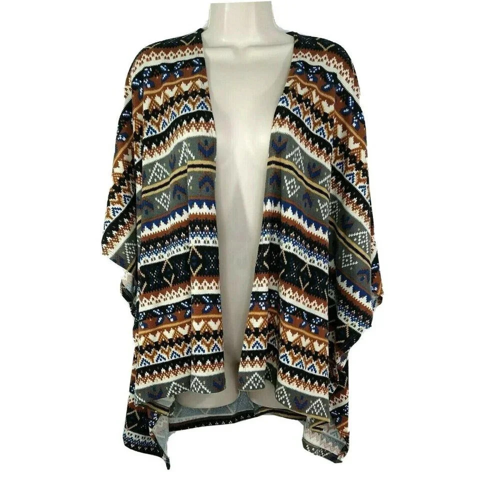 Southwestern Aztec Knit Sweater Jacket Open Front Shawl Women Size L Loose Fit